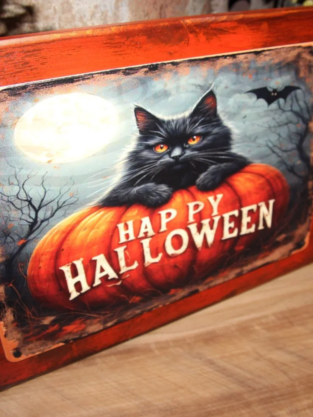 NEW Dark Moody Black Cat Happy Halloween Planked Wood Wall Decor Picture